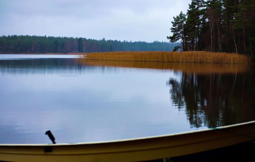 Puinen soutuvene tyynen järven rannalla syysaamun usvassa